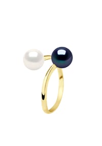 Pearls & Colors - Ring, Gelbgold mit schwarzer Perle und weißer Süßwasser-Zuchtperle, 7-8 mm - Weiß/Schwarz