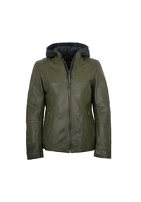 JILANI - Damen Lederjacke Lammnappa Kapuze olive - olive
