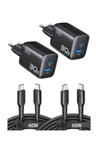 MANIKE - USB C Ladegerät 30W Dual Port GaN Schnellladegerät mit 1,5m 60W C-Kabel (2er-Pack) - Schwarz