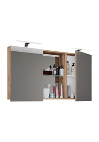 VCM. - Badschrank zeitlos | Maße ca. H. 59 x B. 112 cm T. 12 cm | Zwei Drehtüren mit Ablagefächer | Spiegelschrank - Budasi - Honig-Eiche
