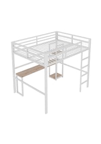 KOMHTOM - Hochbett 140 x 200cm Eisenrahmen, mit usb type-c, Geländer, Trittleiter, ohne Matratze, weiß - Weiß