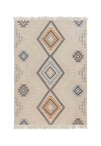Green Looop - Handweb-Teppich Jong - Wollteppich, Kelim, handgewebt, Ethno Look, mit Fransen - beige