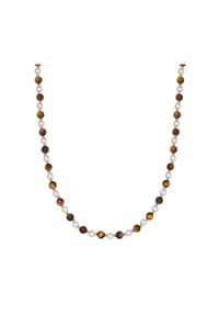 TRUE REBELS - Kette Edelstahl gelbgold Muschelkernperle weiß Tigerauge braun - braun