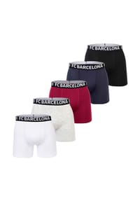 FC BARCELONA - Jungen Boxershorts, 5er Pack - Boxer Trunks, Baumwollmischung, Logobund, einfarbig - Schwarz/Grau/Weiß/Blau/Rot