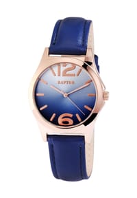 RAPTOR Raptor - Damen Quarz Armbanduhr Blurry mit Lederarmband - 3 ATM - Mineralglas - blau-rosegold