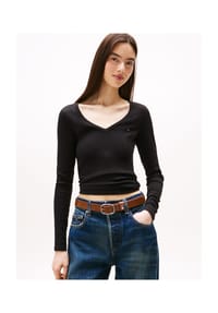 TOMMY Jeans - Langarmshirt, V-Ausschnitt, für Damen - BDS  BLACK