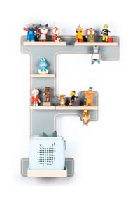 VCM. - My Home - Kinderregal Buchstabe F | hängend für Toniebox und Tonie Figuren | platzsparendes Regal | H. 54 x B. 38 x T. 19 | Wandregal Musikbox Figuren Aufbewahrung mit Magneteinsätzen | Aufbewahrungsregal Holz - Grau