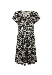 ROADSIGN® australia - Damen Kleid Monstera mit auffälligem Muster, aus fließender Viskose, luftig & leicht perfekt für den Urlaub und warme Tage - schwarz/beige