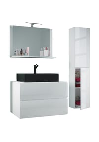 VCM. - 4-tlg. Waschplatz Waschtisch | schwarzes Waschbecken Unterschrank  Breite 60 cm |  Badmöbel Set mit Schubladen Drehtüren Spiegel | Lendas S BL - Anthrazit