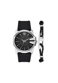 DIESEL® MASTER CHIEF - Diesel Herrenset Uhr Master Chief 3-Zeiger-Werk Datum Silikon schwarz und Kordelband, DZ4700SET - Silber