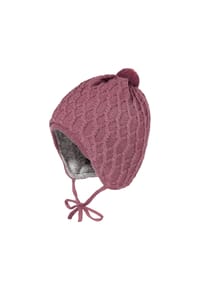 maximo® - BABY-Mütze, Zopfstruktur, Band ausgenäht, Blende, Pompon - aubergine