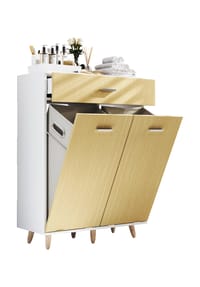VCM. - Holz Wäscheschrank | Wäschetruhe | Wäschebox | Wäschekorb | Maße ca. H. 101 x B 79 x T. 35 cm - Landos M - Weiß / Honig-Eiche