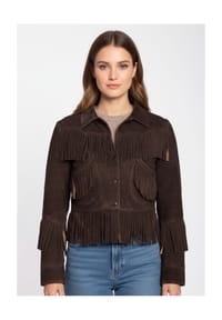 RICANO - Damen Wildlederjacke Sedley mit Hemdkragen & Fransen im Western-Stil - Braun