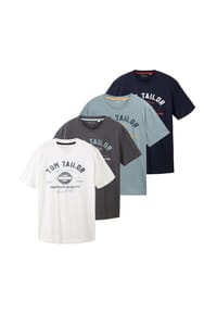 TOM TAILOR - Herren T-Shirt, 4er Pack - Logo Tee, Rundhals, Regular Fit, Baumwolle, Print - Blau/Grau/Mintgrün/Weiß
