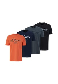 s.Oliver - Herren T-Shirt, 4er Pack - Basic, Logoprint, Rundhals, Baumwolle - Blau/Dunkelgrün/Dunkelgrau/Schwarz
