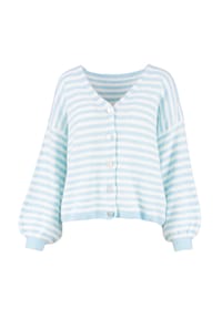 Seasons of April - Gestreifter CANDY Damen Cardigan, Kuschelig, Oversize, V-Ausschnitt, Strickjacke - Babyblau Weiß