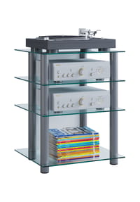 VCM. - Hifi Möbel | Rack Schrank Phono Regal | Alusäulen | ESG-Glasböden | Maße: H. 70 x B. 59 x T. 48 cm | Phono Mediaregal - Bilus - Klarglas