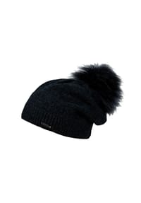 CAPO - Strickmütze, Kaschmir Kunstfellpompon, Fleecestreifen - beige