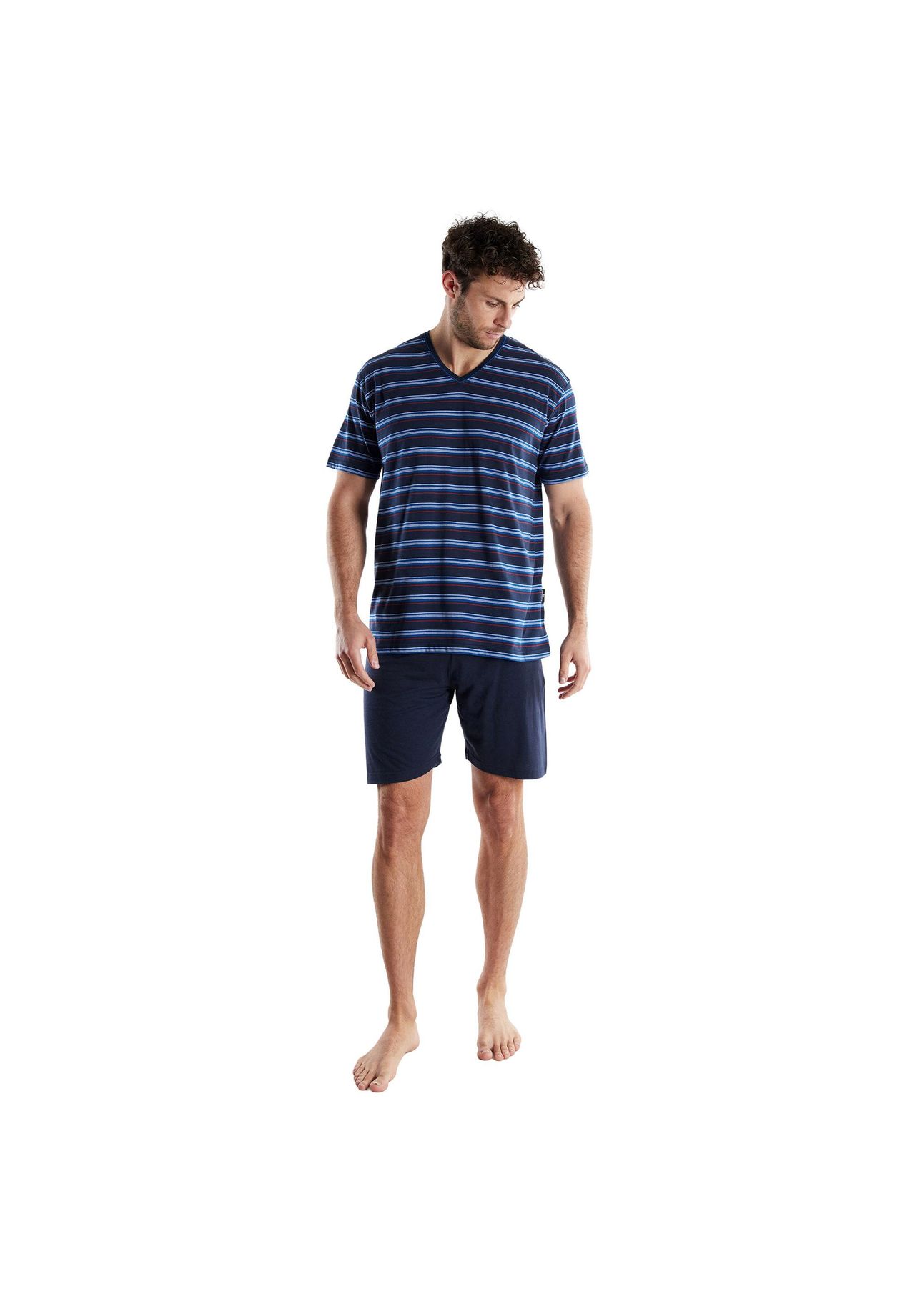 GöTzburg Herren Schlafanzug, Kurz - Shorty, V-Ausschnitt, Gestreift, Baumwolle, Pyjama, Blau, L