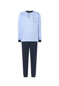 El Búho NOCTURNO® - Premium- Schlafanzug für Herren, Lang, Baumwolle, uni - helblau/marineblau
