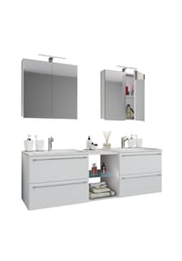VCM. - 3-tlg. Set | 2 Waschtisch, 2 Spiegelschrank, 2 Waschbecken, 1 Mittelfach | Keramik Waschbecken | Unterschrank 155 cm | Badmöbel Set Doppel Waschplatz - Badinos XXL - Schwarz