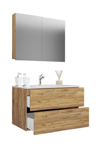 VCM. - 3-tlg. Waschplatz Waschtisch | Waschbecken Unterschrank Breite 80 cm | Badmöbel Set mit Schubladen Drehtüren Spiegelschrank | Badinos - Honig-Eiche