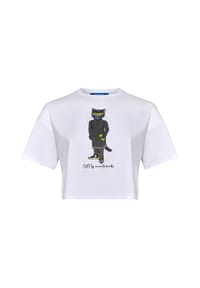 CAT by manii'ta lacitta - Weißes, kurzes, übergroßes T-Shirt mit sportlicher Katze - weiß