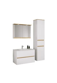 VCM. - 4-tlg. Waschtisch Set mit Keramikbecken, Badschrank mit 2 Softclose-Schubladen, Hochschrank, Spiegelschrank mit Beleuchtung und Steckdose, Maße Unterschrank H. 51 x B. 81 x T. 47 cm, Cosila-I - Anthrazit