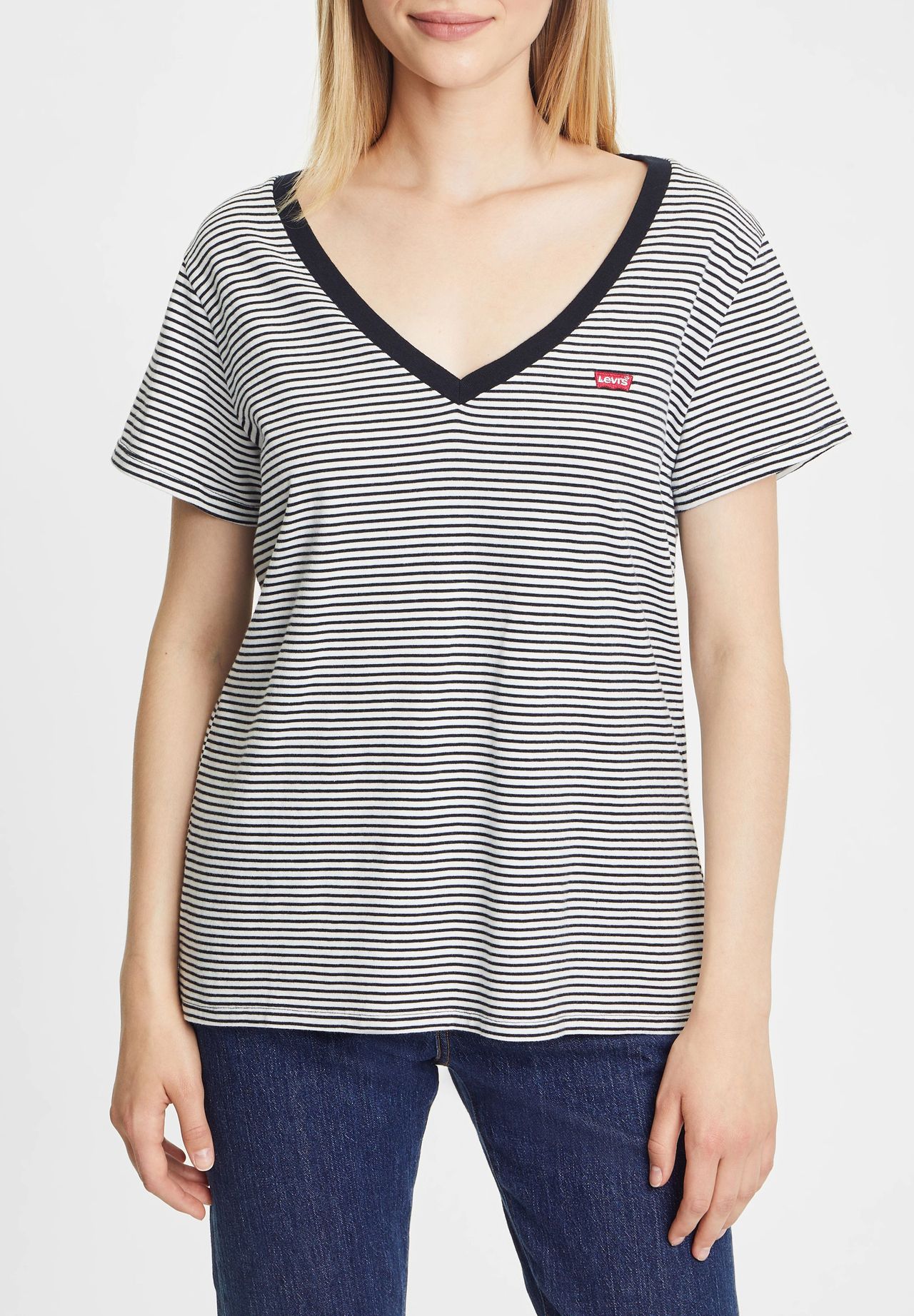 Levi's® T-Shirt, V-Ausschnitt, Patch, Logo, Streifen, FüR Damen, Weiß, M