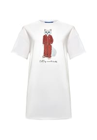 cat e lolette - Weißes, übergroßes T-Shirt mit Katzenmotiv - weiß