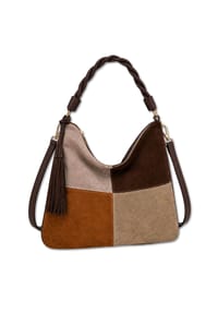 collezione alessandro® - Schultertasche Patchwork Patchwork-Optik aus softem Velourimitat - dunkelbraun