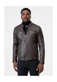 RICANO - Herren Biker-Lederjacke Gerard mit Brusttaschen,Bikerapplikationen & Stehkragen - Schwarz