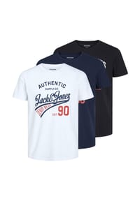 JACK & JONES - Herren T-Shirt, 3er Pack - JJETHAN TEE CREW NECK, Logo-Print, Baumwolle - Schwarz/Grün/Grau