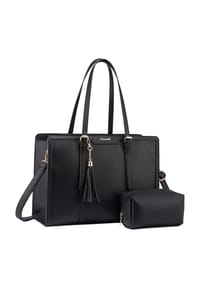 MANIKE - 15.6 Zoll Damen Handtasche Leder Umhängetasche Tote Bag - schwarz