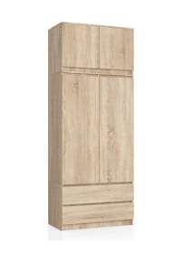 Akord - Kleiderschrank S90 mit Aufsatz, 2 Türen, 2 Schubladen und 6 Einlegeböden - erle