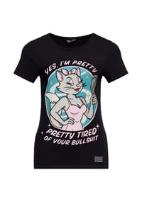 QUEEN KEROSIN - Print-Shirt Cartoon-Print mit Pin-up-Katze und augenzwinkerndem Spruch Pretty Tired - schwarz