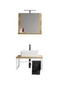 VCM. - 3-tlg. Waschplatz Waschtisch Badmöbel Set Waschbecken Holz Metall Industrial Style Bitila 60 V2 - Weiß / Honig-Eiche