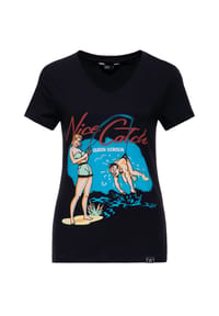 QUEEN KEROSIN - T-Shirt mit humorvollem Print Nice Catch - schwarz
