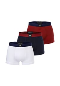 EMPORIO ARMANI - Herren Trunks, 3er Pack - ESSENTIAL LOGOLABEL, Shorts, Stretch Cotton - Schwarz/Weiß/Blau