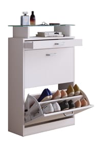 VCM. - Holz Schuhschrank | Maße: H. 91 x B. 59 x T. 22 cm | 2 Klappen | schmale Schublade | praktische Ablage - Sipos M - Weiß