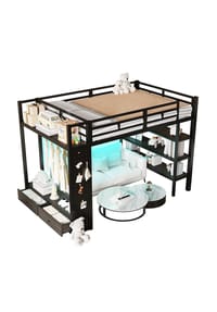KOMHTOM - Hochbett 140x200 cm mit offenem Kleiderschrank, Lochwand und LED-Beleuchtung, schwarz - Schwarz