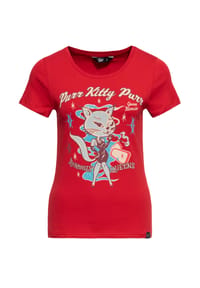QUEEN KEROSIN - T-Shirt mit Rockabilly-Artwork Purr Kitty Purr - blau