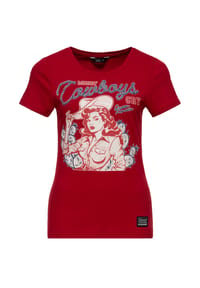 QUEEN KEROSIN - Print-Shirt Cowgirl-Frontprint im Comicstil mit Lasso-Schriftzug Makin' Cowboys Cry - bordeaux