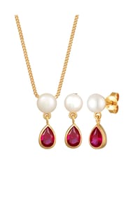 elli. PREMIUM - Schmuckset Süßwasserperlen Synthetischer Rubin 925 Silber - Gold