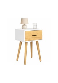 VCM. - Beistelltisch Nachttisch mit Schublade, 45 x 30 x 56 cm, Holzoptik, modernes Retro-Design - Singol  L - Weiß / Honig-Eiche