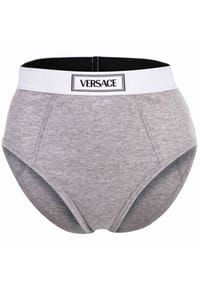 VERSACE - Damen Slip Highleg RIB - hoher Logo-Bund, Rippstrick, Baumwoll-Stretch - Grau