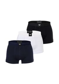 EMPORIO ARMANI - Herren Trunks, 3er Pack - ESSENTIAL LOGOLABEL, Shorts, Stretch Cotton - Schwarz/Weiß/Blau