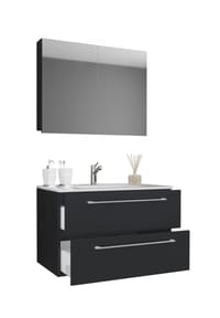 VCM. - 3-tlg. Waschplatz Waschtisch | Waschbecken Unterschrank Breite 80 cm | Badmöbel Set mit Schubladen Drehtüren Spiegelschrank | Badinos - Honig-Eiche