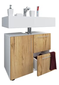 VCM. - Holz Waschbeckenunterschrank | Badschrank | Maße: H. 51 x B. 61 x T. 32 cm | 1 Drehtür | 2 große Schubladen | modernes Badezimmermöbel - Flandu - Anthrazit / Honig-Eiche
