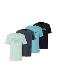 s.Oliver - Herren T-Shirt, 4er Pack - Basic, Logoprint, Rundhals, Baumwolle - Blau/Dunkelgrün/Dunkelgrau/Schwarz